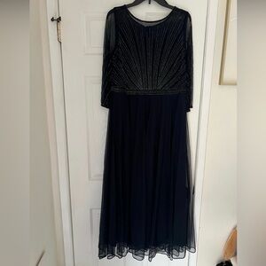 JK ARA Elegant Navy Beaded Mesh Evening Dress for Women